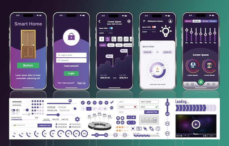 Vector a set of ui ux elements for smart home management mobile apps an interface with buttons panels graphs and navigation for monitoring and controlling automation systems