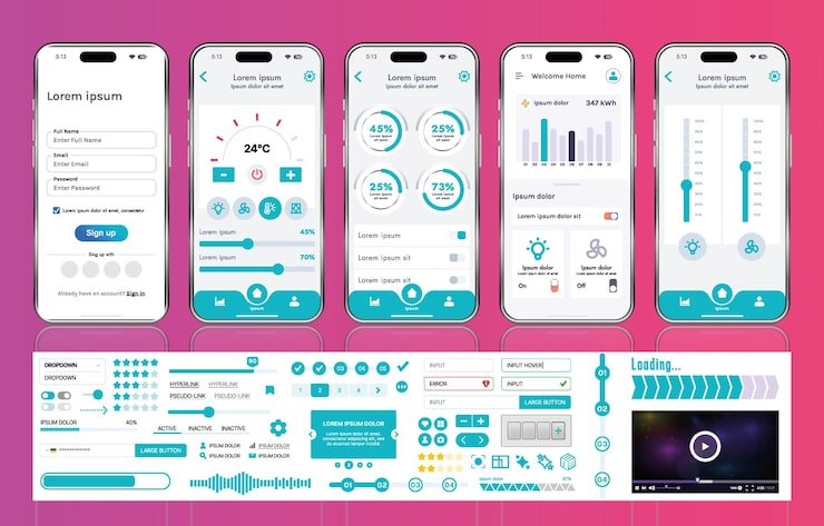 Vector a set of ui ux elements for smart home management mobile apps an interface with buttons panels graphs and navigation for monitoring and controlling automation systems