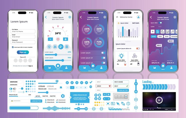 Vector a set of ui ux elements for smart home management mobile apps an interface with buttons panels graphs and navigation for monitoring and controlling automation systems