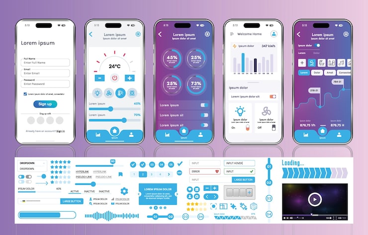 Vector 스마트 홈 관리 모바일 앱용 ui ux 요소 세트, 자동화 시스템 모니터링 및 제어를 위한 버튼, 패널, 그래프 및 탐색 기능이 있는 인터페이스