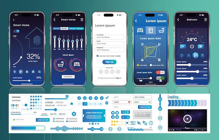 Vector a set of ui ux elements for smart home management mobile apps an interface with buttons panels graphs and navigation for monitoring and controlling automation systems