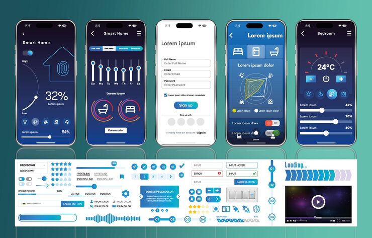Vector 一套用於智慧家居管理移動應用程式的 ui ux 元素，一個包含按鈕、面板、圖表和導航的介面，用於監控和控制自動化系統