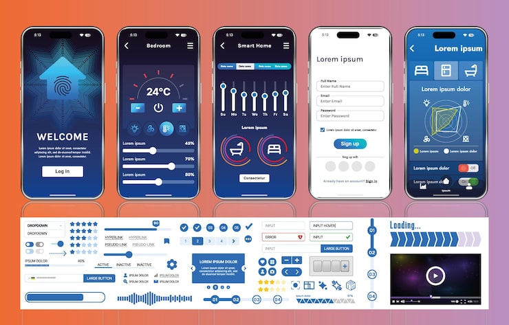 Vector a set of ui ux elements for smart home management mobile apps an interface with buttons panels graphs and navigation for monitoring and controlling automation systems