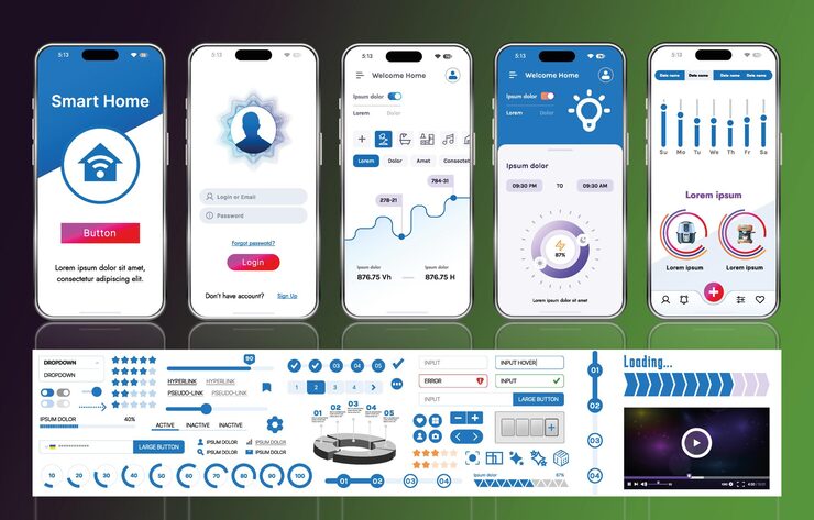 Vector a set of ui ux elements for smart home management mobile apps an interface with buttons panels graphs and navigation for monitoring and controlling automation systems