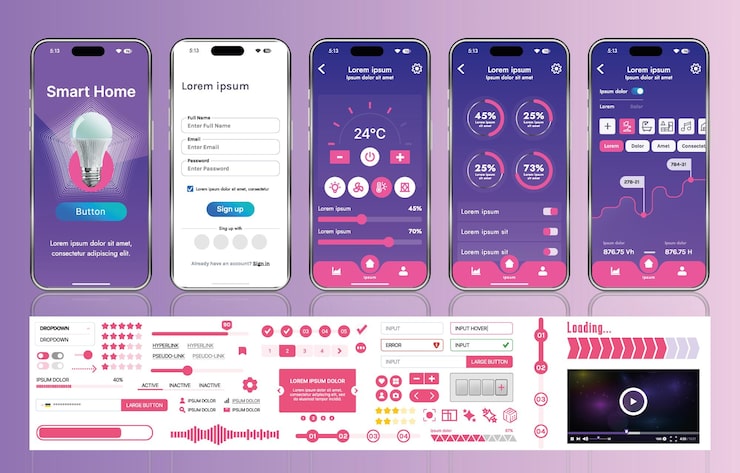 Vector 스마트 홈 관리 모바일 앱용 ui ux 요소 세트, 자동화 시스템 모니터링 및 제어를 위한 버튼, 패널, 그래프 및 탐색 기능이 있는 인터페이스