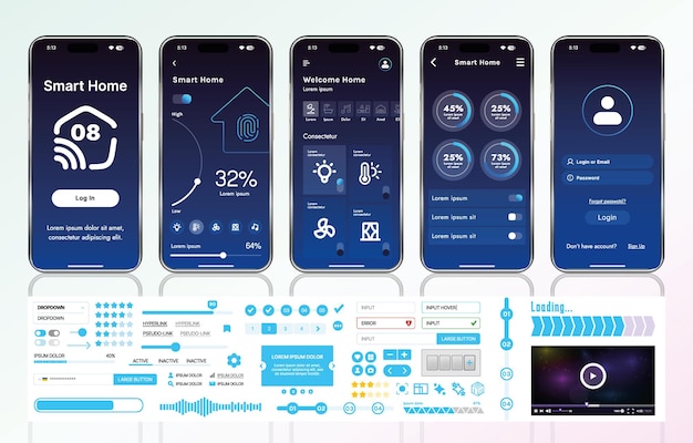 A set of UI UX elements for smart home management mobile apps an interface with buttons panels graphs and navigation for monitoring and controlling automation systems