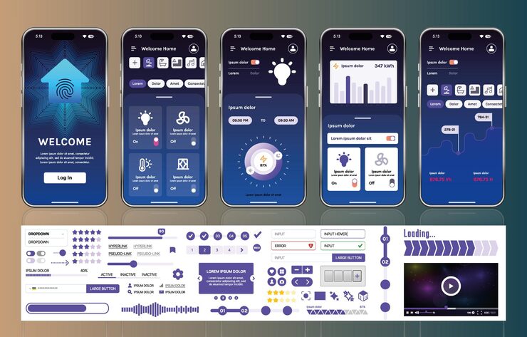 Vector 스마트 홈 관리 모바일 앱용 ui ux 요소 세트, 자동화 시스템 모니터링 및 제어를 위한 버튼, 패널, 그래프 및 탐색 기능이 있는 인터페이스