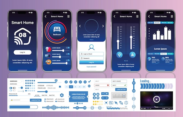 A set of UI UX elements for smart home management mobile apps an interface with buttons panels graphs and navigation for monitoring and controlling automation systems