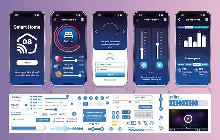 Vector a set of ui ux elements for smart home management mobile apps an interface with buttons panels graphs and navigation for monitoring and controlling automation systems