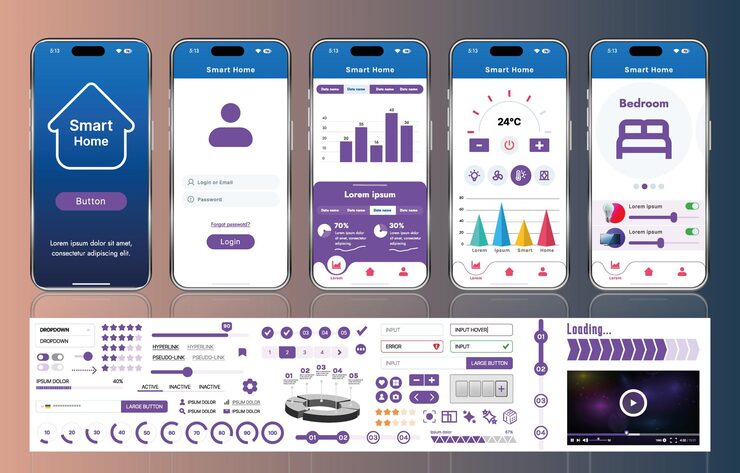Vector a set of ui ux elements for smart home management mobile apps an interface with buttons panels graphs and navigation for monitoring and controlling automation systems