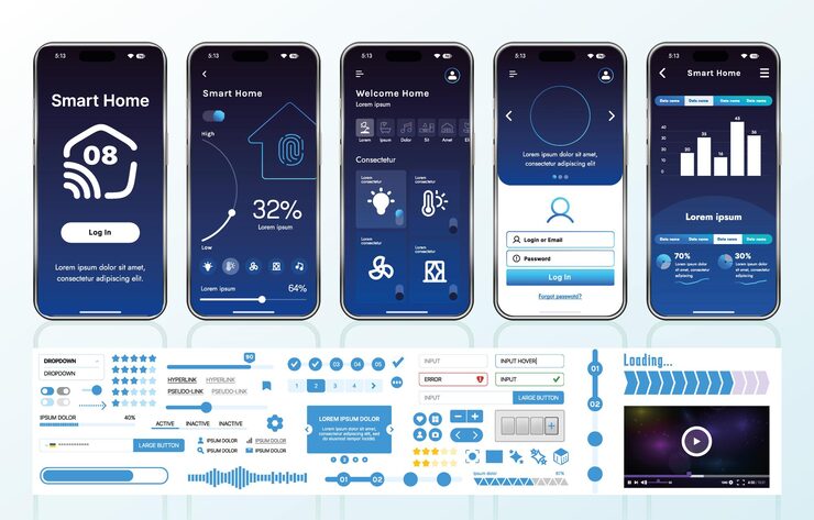 Vector a set of ui ux elements for smart home management mobile apps an interface with buttons panels graphs and navigation for monitoring and controlling automation systems