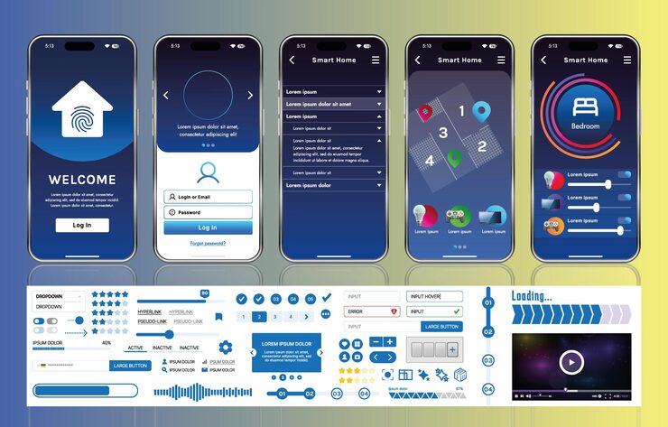 Vector a set of ui ux elements for smart home management mobile apps an interface with buttons panels graphs and navigation for monitoring and controlling automation systems