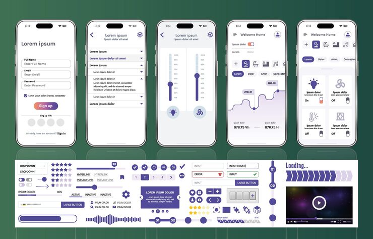 Vector 스마트 홈 관리 모바일 앱용 ui ux 요소 세트, 자동화 시스템 모니터링 및 제어를 위한 버튼, 패널, 그래프 및 탐색 기능이 있는 인터페이스