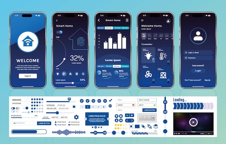 Vector a set of ui ux elements for smart home management mobile apps an interface with buttons panels graphs and navigation for monitoring and controlling automation systems