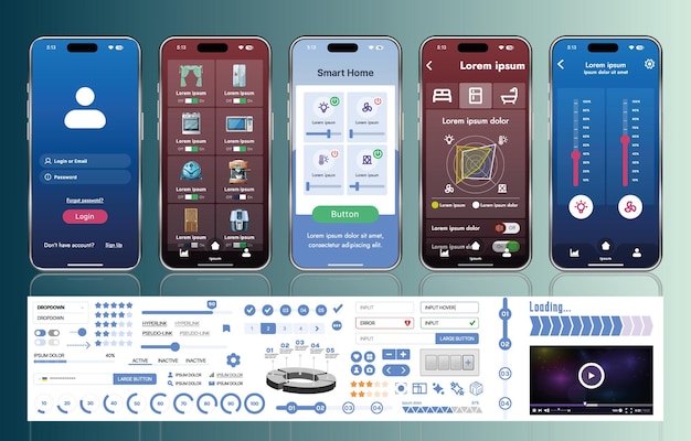 A set of UI UX elements for smart home management mobile apps an interface with buttons panels graphs and navigation for monitoring and controlling automation systems