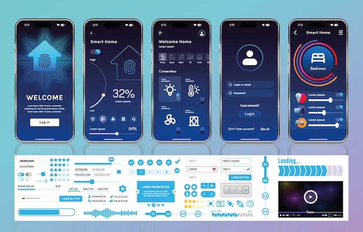 Vector a set of ui ux elements for smart home management mobile apps an interface with buttons panels graphs and navigation for monitoring and controlling automation systems