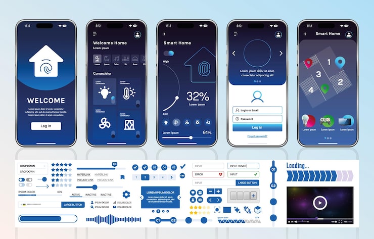 Vector a set of ui ux elements for smart home management mobile apps an interface with buttons panels graphs and navigation for monitoring and controlling automation systems