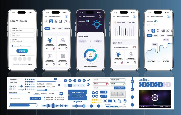 Vector a set of ui ux elements for smart home management mobile apps an interface with buttons panels graphs and navigation for monitoring and controlling automation systems