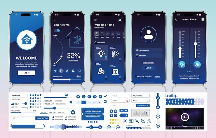 Vector 스마트 홈 관리 모바일 앱용 ui ux 요소 세트, 자동화 시스템 모니터링 및 제어를 위한 버튼, 패널, 그래프 및 탐색 기능이 있는 인터페이스