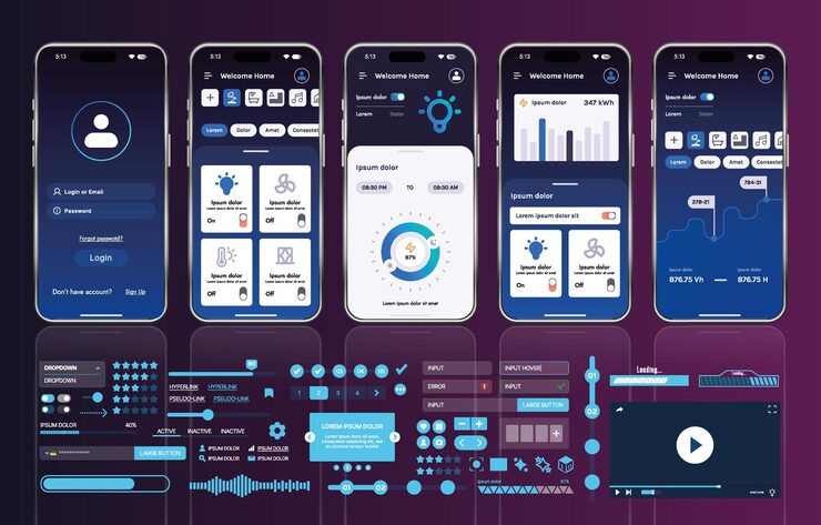 Vector a set of ui ux elements for smart home management mobile apps an interface with buttons panels graphs and navigation for monitoring and controlling automation systems