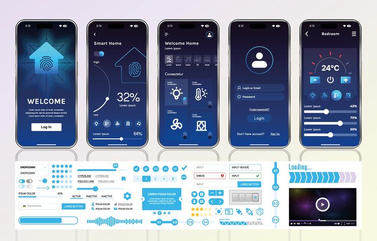 Vector a set of ui ux elements for smart home management mobile apps an interface with buttons panels graphs and navigation for monitoring and controlling automation systems