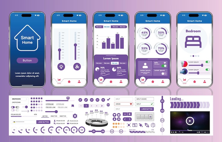Vector 스마트 홈 관리 모바일 앱용 ui ux 요소 세트, 자동화 시스템 모니터링 및 제어를 위한 버튼, 패널, 그래프 및 탐색 기능이 있는 인터페이스