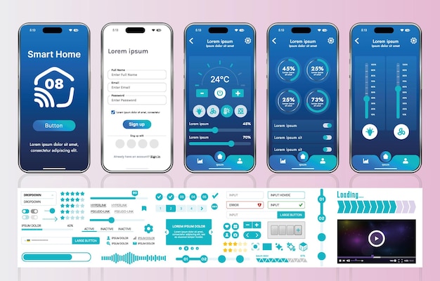 A set of UI UX elements for smart home management mobile apps an interface with buttons panels graphs and navigation for monitoring and controlling automation systems