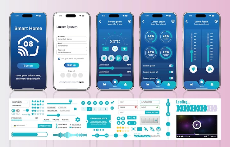 Vector a set of ui ux elements for smart home management mobile apps an interface with buttons panels graphs and navigation for monitoring and controlling automation systems