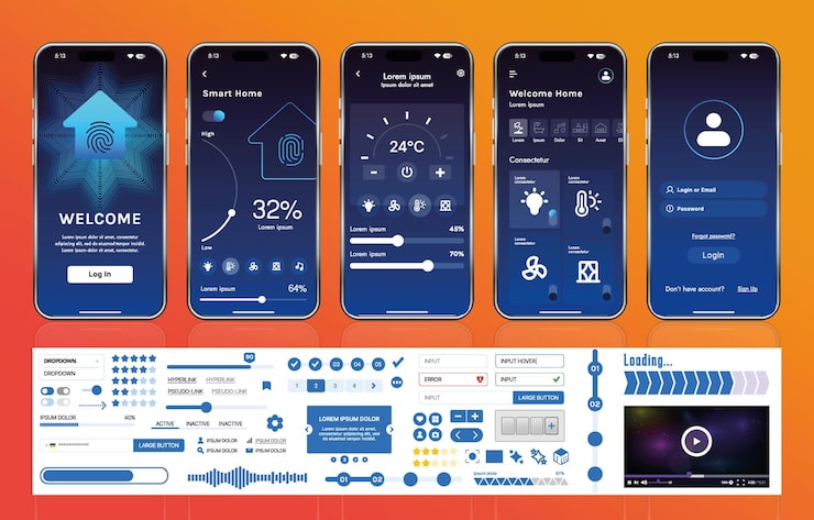 Vector a set of ui ux elements for smart home management mobile apps an interface with buttons panels graphs and navigation for monitoring and controlling automation systems