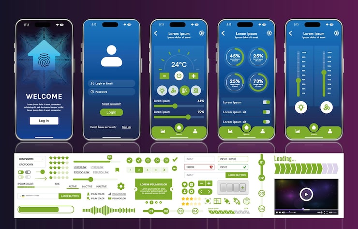 Vector a set of ui ux elements for smart home management mobile apps an interface with buttons panels graphs and navigation for monitoring and controlling automation systems