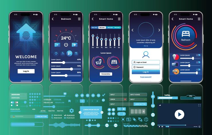 Vector a set of ui ux elements for smart home management mobile apps an interface with buttons panels graphs and navigation for monitoring and controlling automation systems