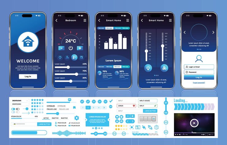 Vector a set of ui ux elements for smart home management mobile apps an interface with buttons panels graphs and navigation for monitoring and controlling automation systems