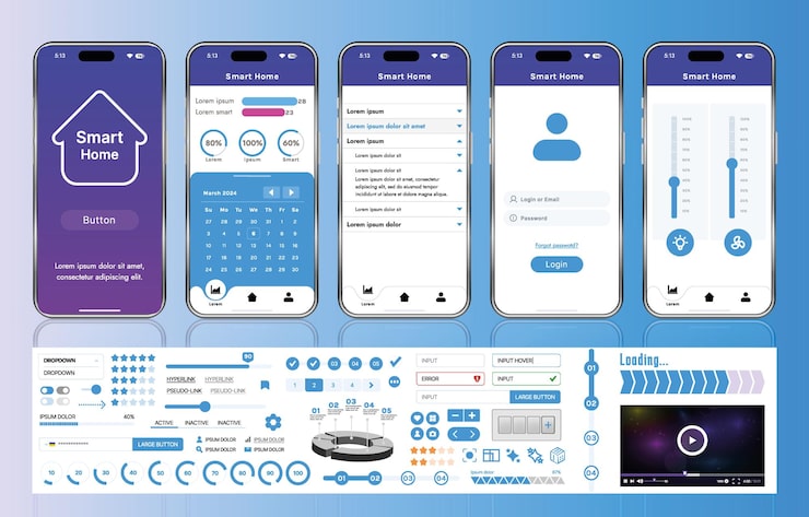 Vector 一套用於智慧家居管理移動應用程式的 ui ux 元素，一個包含按鈕、面板、圖表和導航的介面，用於監控和控制自動化系統