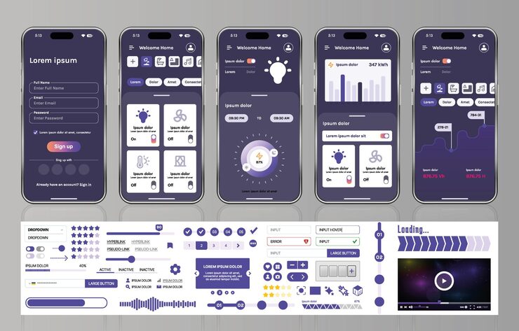 Vector a set of ui ux elements for smart home management mobile apps an interface with buttons panels graphs and navigation for monitoring and controlling automation systems