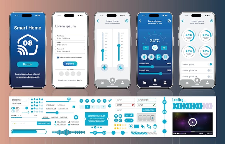Vector a set of ui ux elements for smart home management mobile apps an interface with buttons panels graphs and navigation for monitoring and controlling automation systems
