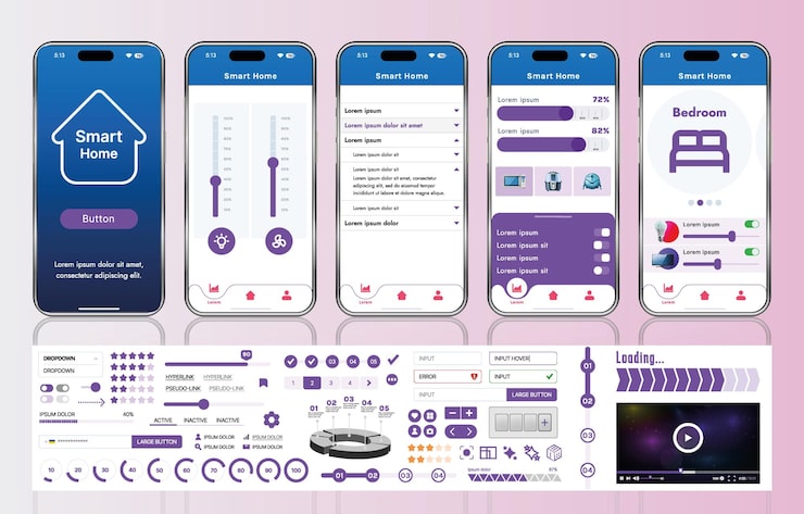 Vector a set of ui ux elements for smart home management mobile apps an interface with buttons panels graphs and navigation for monitoring and controlling automation systems