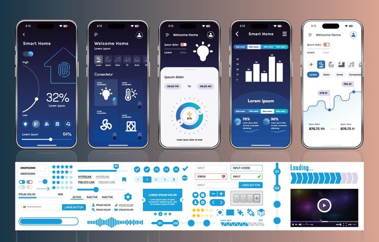 Vector a set of ui ux elements for smart home management mobile apps an interface with buttons panels graphs and navigation for monitoring and controlling automation systems
