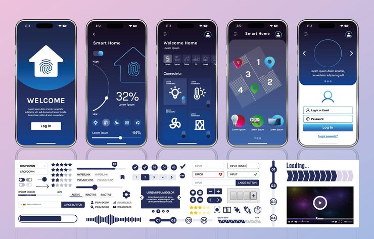 Vector a set of ui ux elements for smart home management mobile apps an interface with buttons panels graphs and navigation for monitoring and controlling automation systems