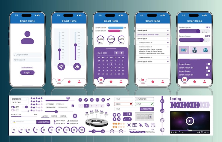 Vector 스마트 홈 관리 모바일 앱용 ui ux 요소 세트, 자동화 시스템 모니터링 및 제어를 위한 버튼, 패널, 그래프 및 탐색 기능이 있는 인터페이스