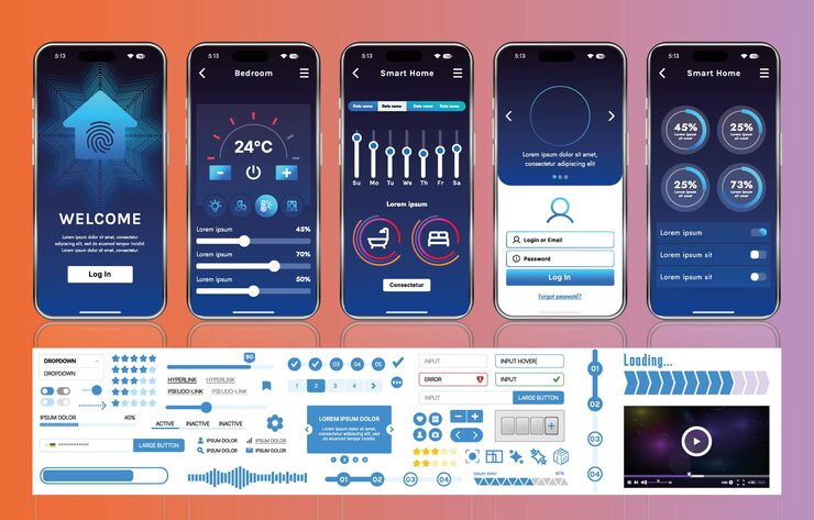 Vector a set of ui ux elements for smart home management mobile apps an interface with buttons panels graphs and navigation for monitoring and controlling automation systems