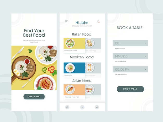 Vector set ui ux gui-schermen, inclusief inloggen met verschillende menuboektafels voor restaurant