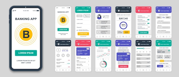 Set ui ux gui-schermen platte ontwerpsjabloon voor bankapps voor responsieve website voor mobiele apps