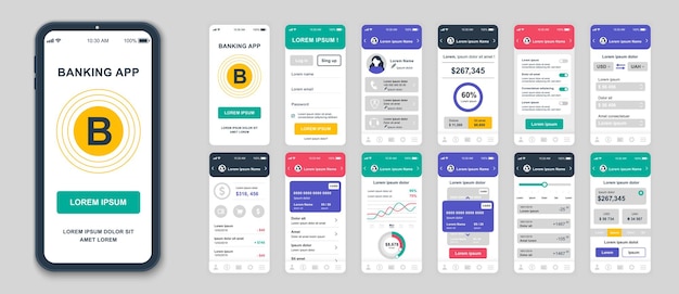 UI UX GUI 화면 모바일 앱 응답 웹 사이트용 뱅킹 앱 플랫 디자인 템플릿 세트