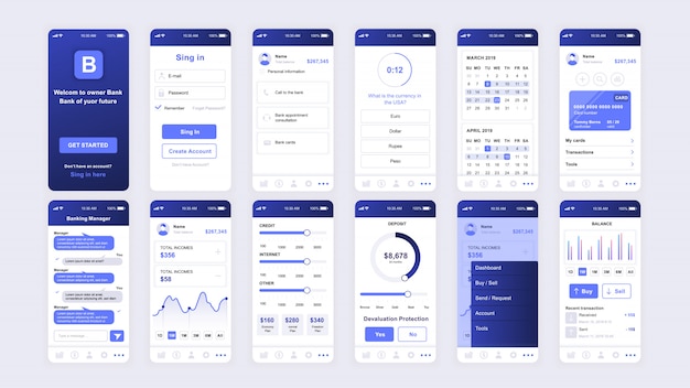 Set di schermate ui, ux, gui modello piatto dell'app banking