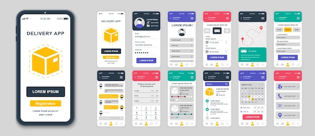 Set di schermate della gui ui ux modello di design piatto dell'app di consegna per il sito web reattivo delle app mobili