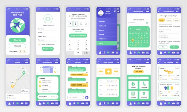 Set di interfacce ui, ux, gui app di consegna piatta