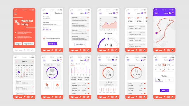 Vector set of ui, ux, gui screens fitness app flat template