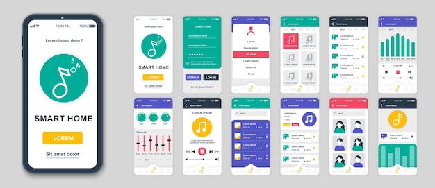 Set of UI UX GUI screens Music app flat design template for mobile apps responsive website