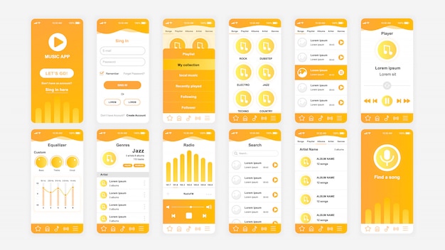 UI, UX, GUI 화면 음악 앱 플랫 템플릿 설정