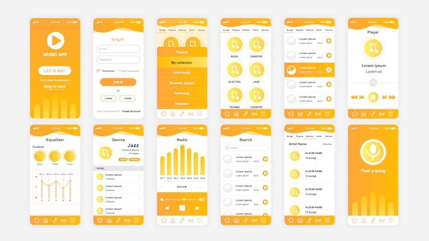 Vector set of ui, ux, gui screens music app flat template